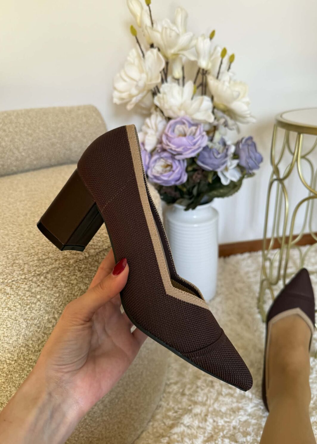 Sapato Malha Salto Bloco - Castanho