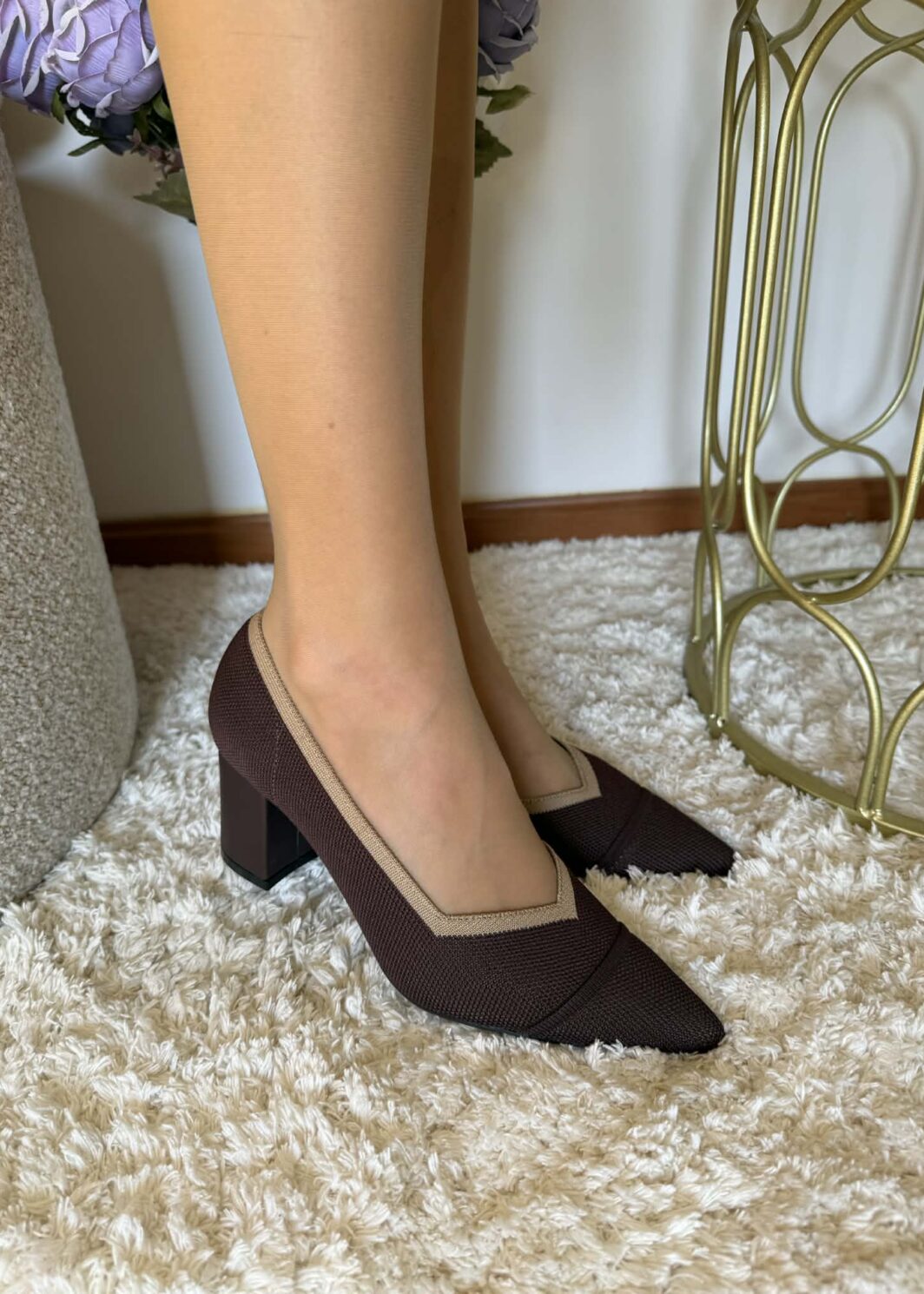 Sapato Malha Salto Bloco - Castanho