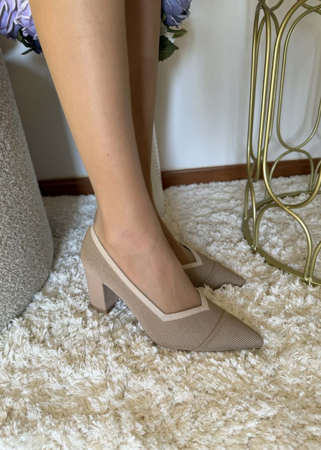 Sapato Malha Salto Bloco - Bege
