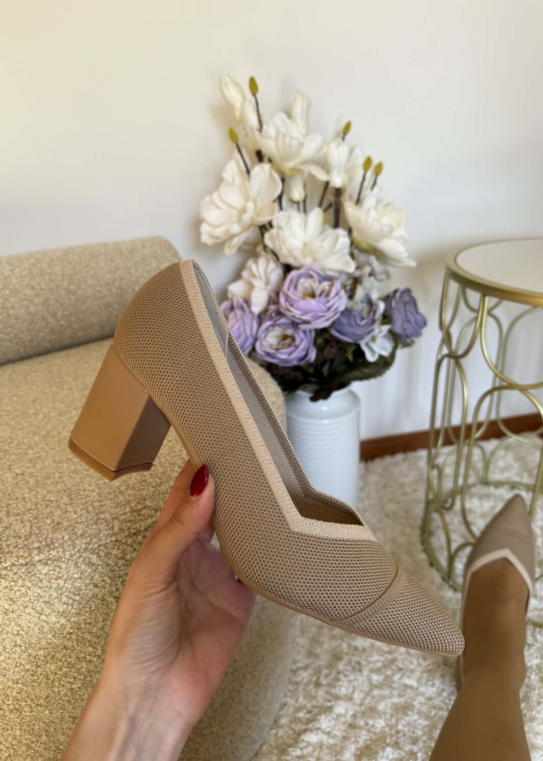 Sapato Malha Salto Bloco - Bege