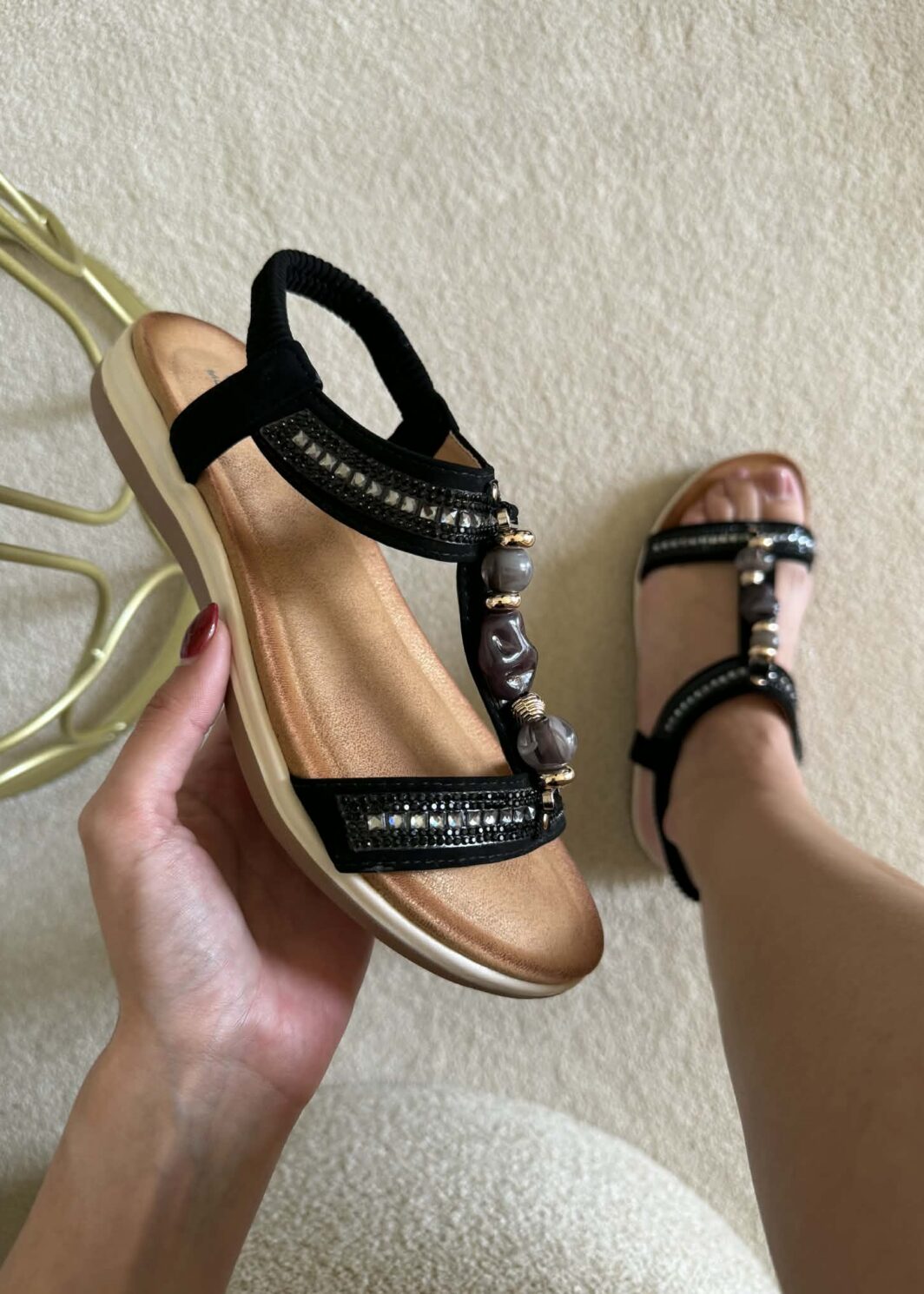 Sandália Detalhe Pedraria Boho - Preto