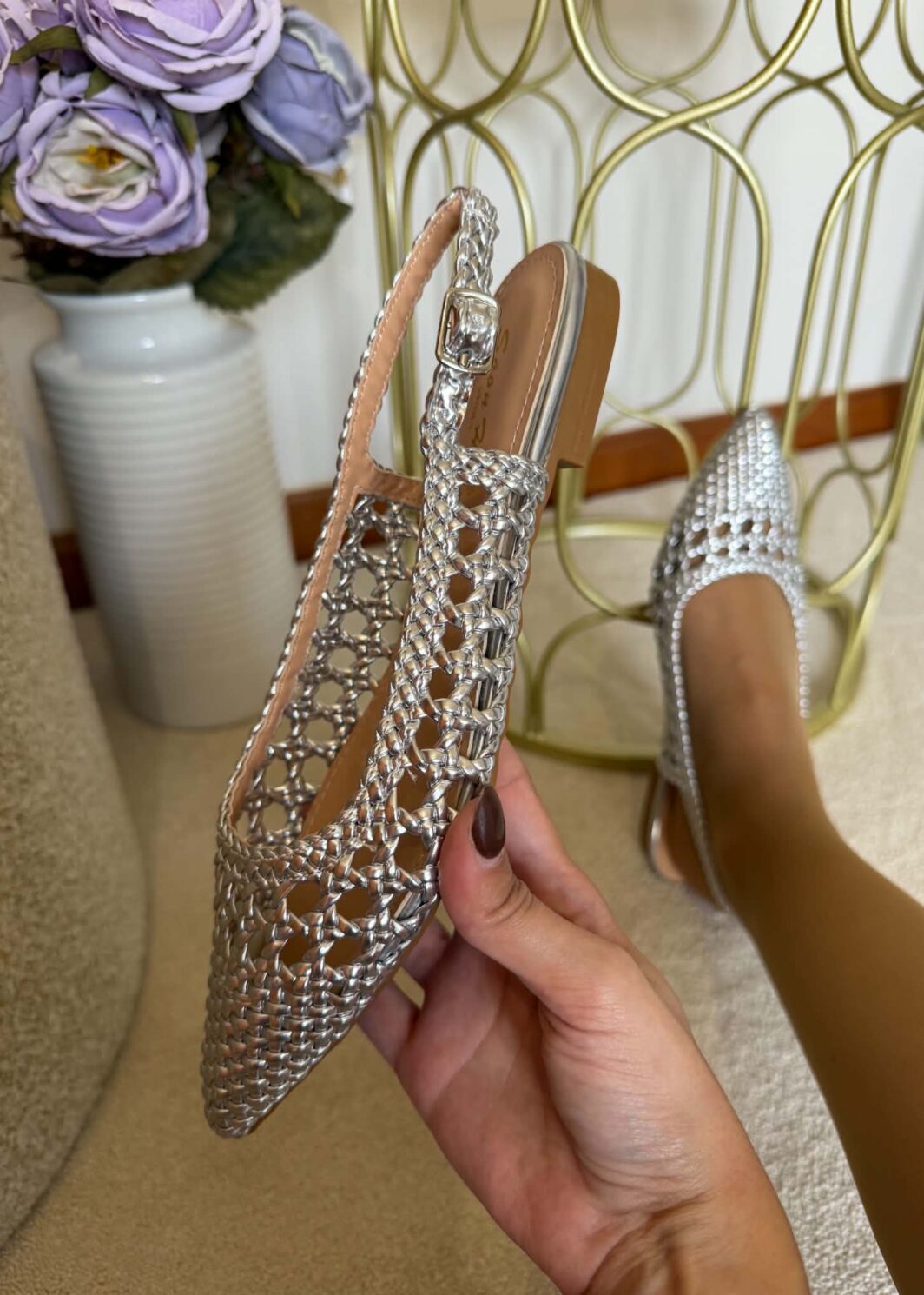 Sapato Slingback Trançado Raso - Prata