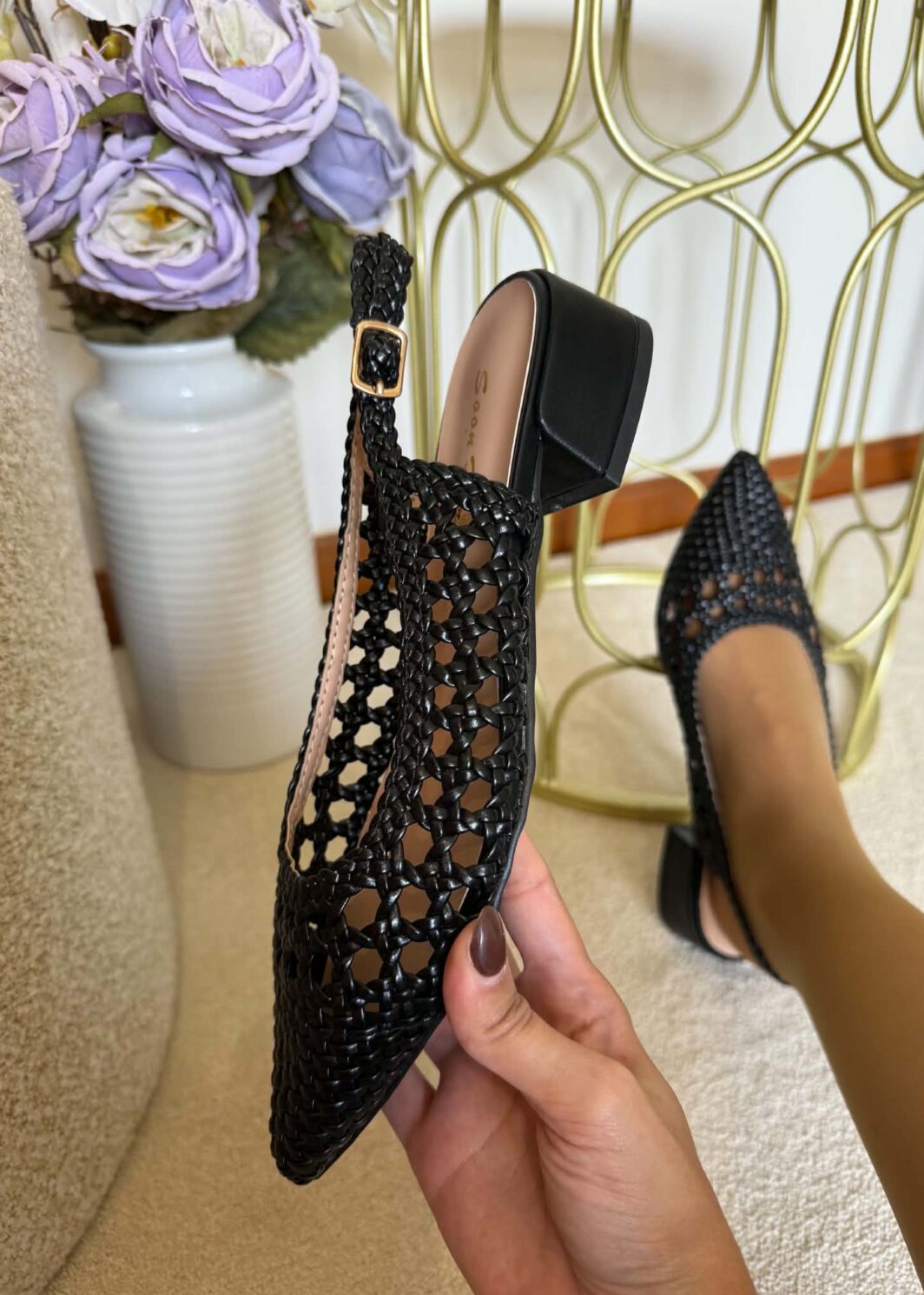 Sapato Slingback Trançado - Preto