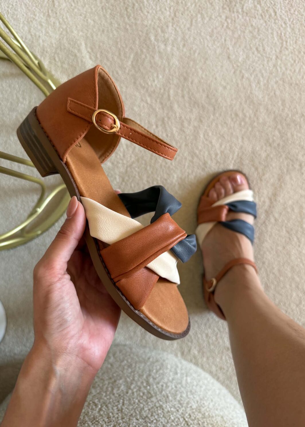Sandália Conforto Tricolor - Camel